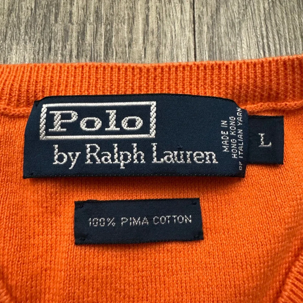 Vintage Polo Ralph Lauren V-Neck Sweater Orange Preppy Pima Cotton L